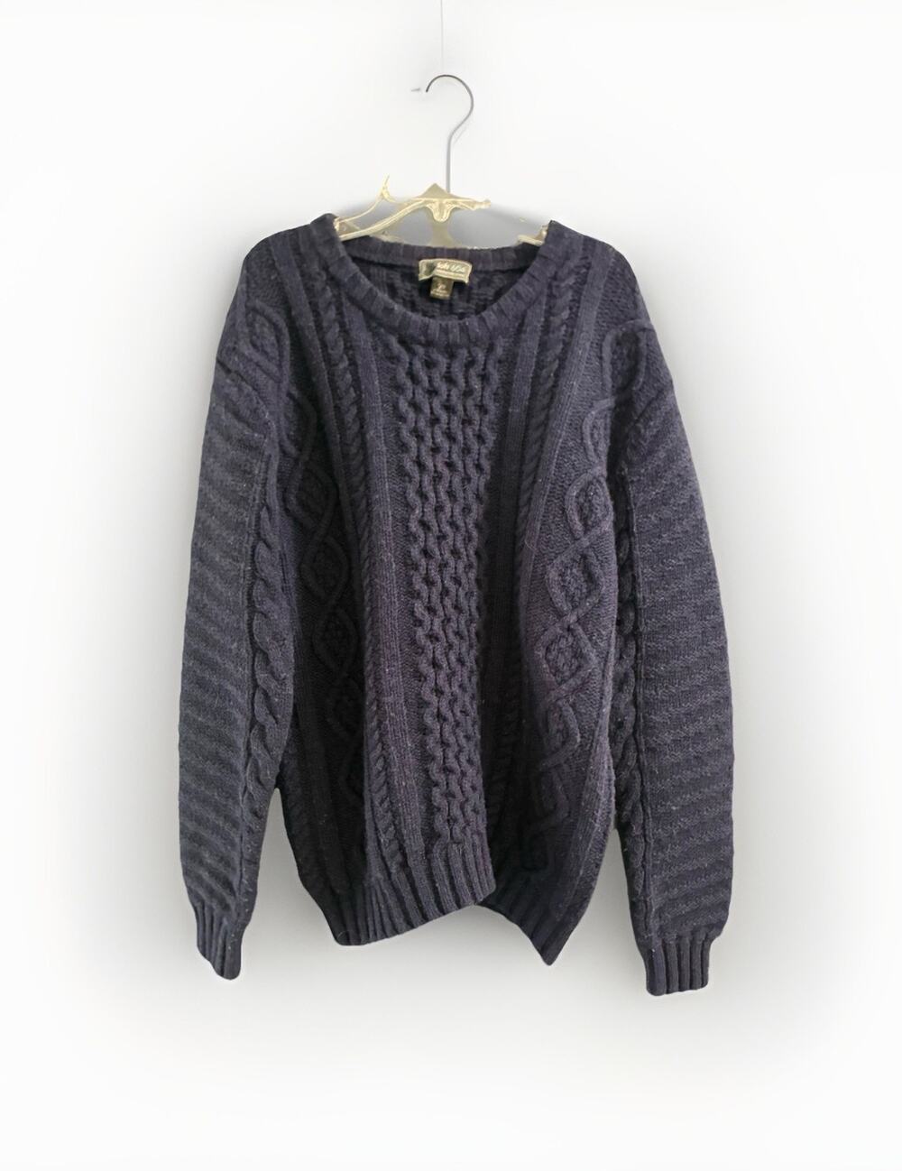 Loft 604 Men’s Natural Cable Knit Wool Navy Blue Fishermans Sweater Size Large
